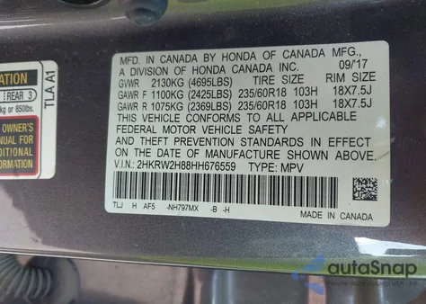 2017 Honda Cr-V Ex-L/Ex-L Navi z USA, uszkodzony, nr VIN 2HKRW2H88HH67655